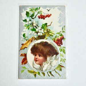 1909 Antique Christmas Postcard Lady Berries